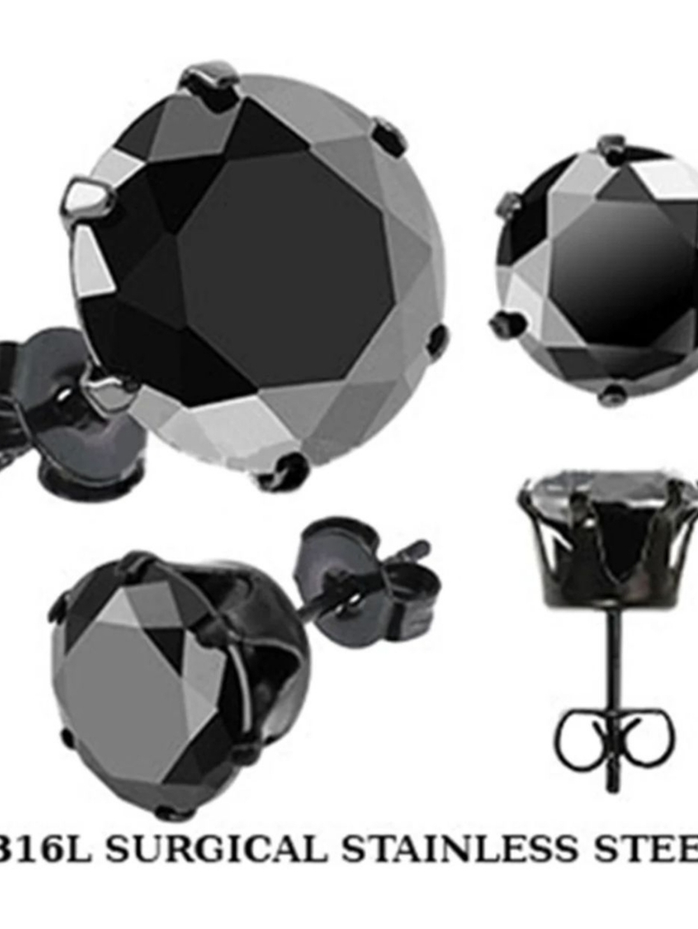 Spikes Stainless Steel Black Round CZ Stud Earrings